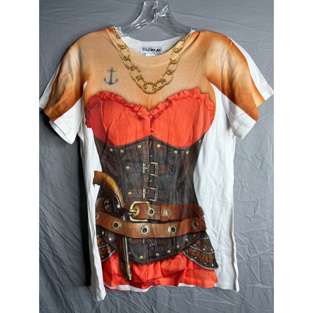 Faux Real Pirate Costume T Shirt Womens Medium Photorealistic Corset Tattoo Tee